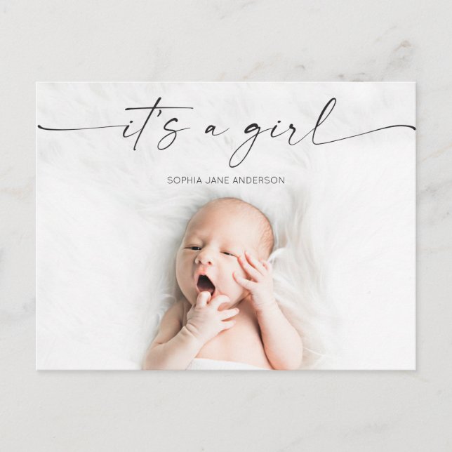 Script It's A Girl Baby Birth Announcement Photo  Postcard (Front)