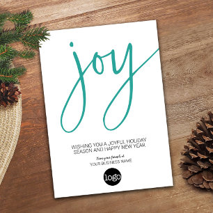 Script JOY - Modern Aqua White with Business Logo Holiday Card
