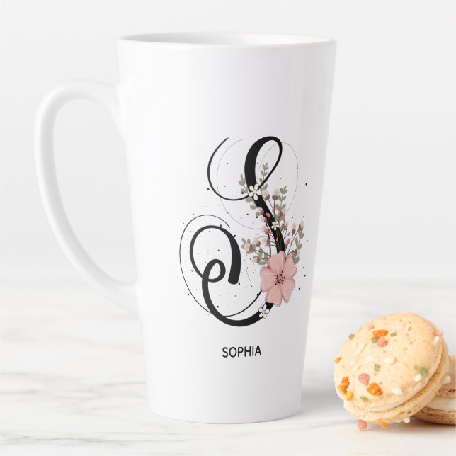 Script Letter S Alphabet Floral Monogram Flower Latte Mug (In Situ)