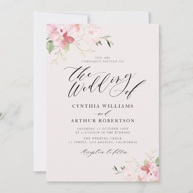 script lettering floral grey and blush wedding  invitation (Front)