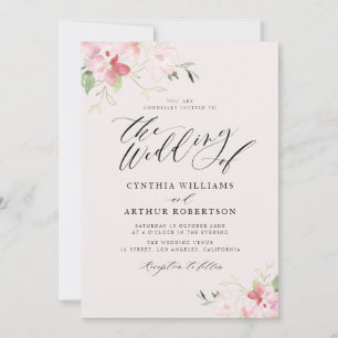script lettering floral grey and blush wedding  invitation