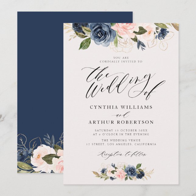 script lettering floral navy and blush wedding invitation (Front/Back)