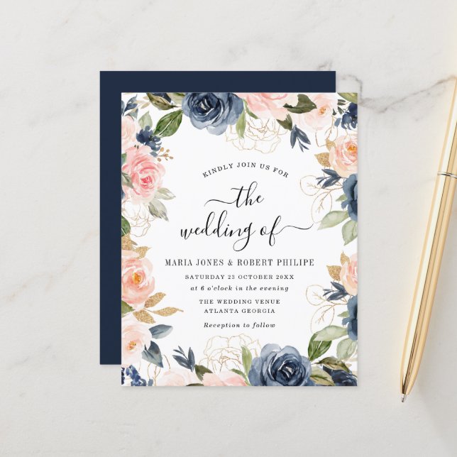 script lettering navy and blush wedding invitation (Front/Back In Situ)