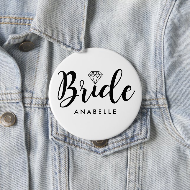 Script Letters "Bride" Personalised 10 Cm Round Badge (In Situ)
