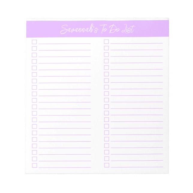 Script Light Lavender Two Column Checklist Notepad (Front)