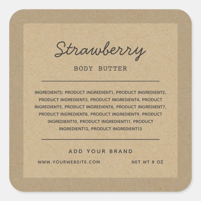 Script Lines Ingredients List Border Kraft Square Sticker (Front)