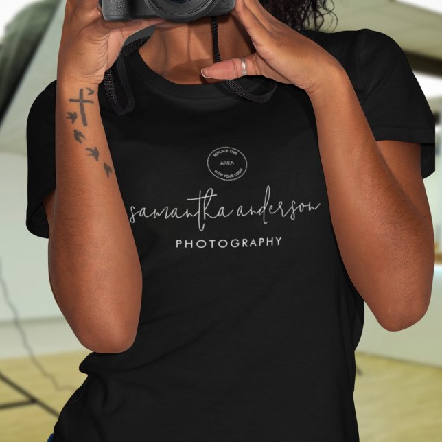Script Logo Name Photographer Black Workwear T-Shirt (Creator Uploaded)
