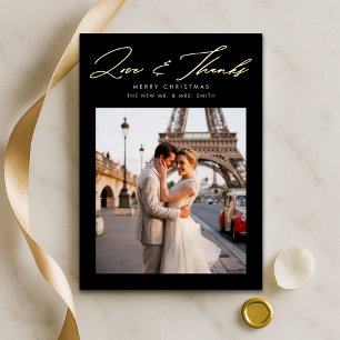 Script Love and Thanks Christmas Photo Black Gold Foil Holiday Card