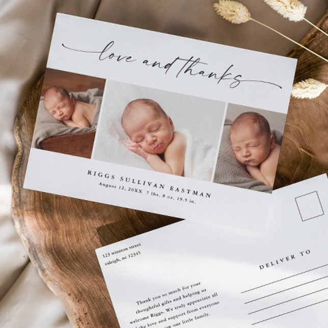 Script Love and Thanks Photo Baby Thank You  Postcard (Modern script love and thanks 3 photo collage baby thank you announcement postcards.)