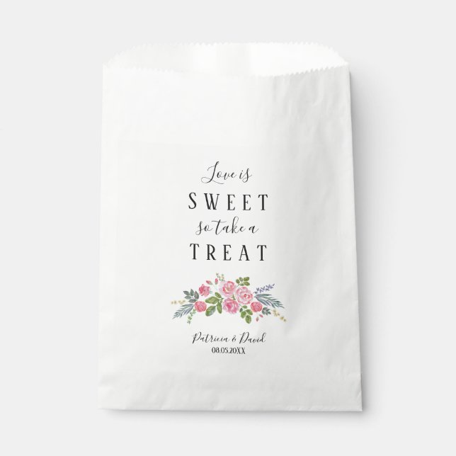 Script Love is Sweet Pink Floral Wedding Favour Ba Favour Bags (Front)