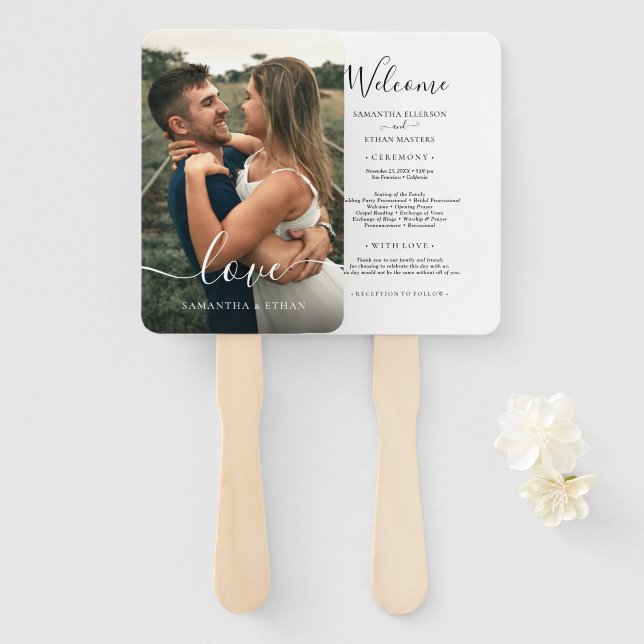 Script Love Photo Wedding Program Hand Fan (Front and Back)