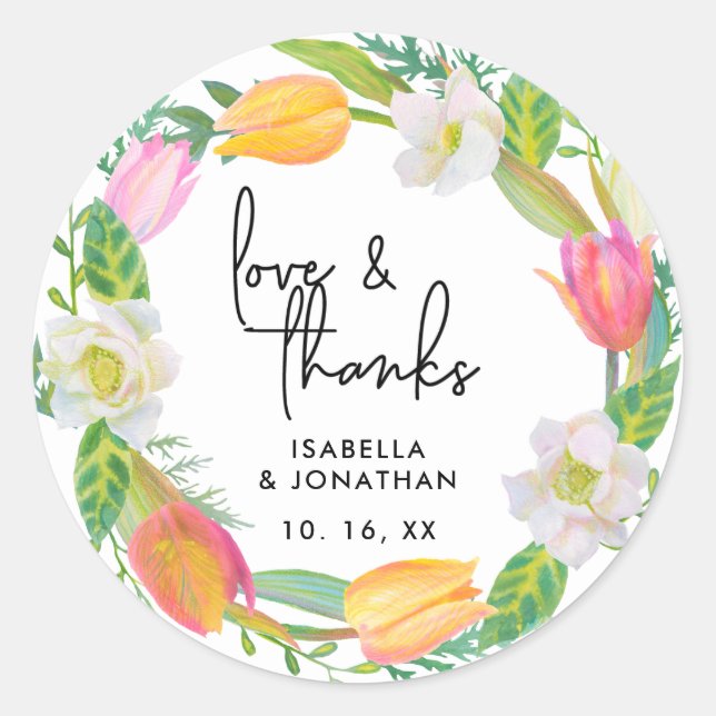 Script Love & Thanks Wedding Pink Tulip Floral Classic Round Sticker (Front)