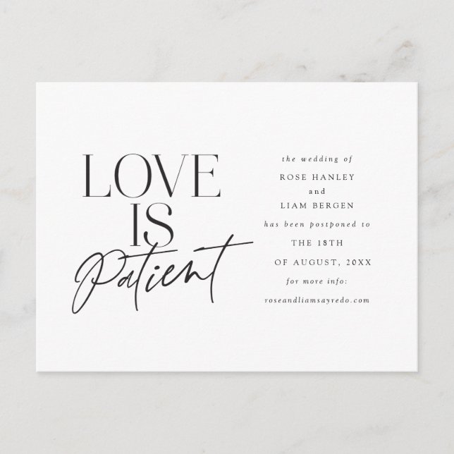 Script Love Wedding Postponed Change the Date Postcard (Front)