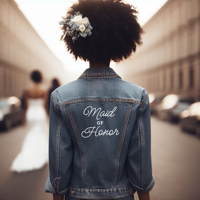 Script Maid of Honour Denim Jacket (black girl wearing a denim jacket with the message "maid of honor")