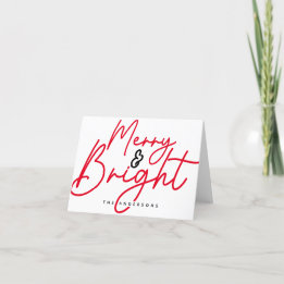 Script Merry and bright Christmas Red Holiday Card