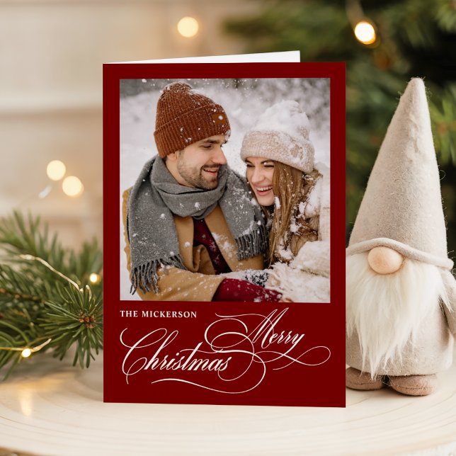 Script Merry Christmas 1 photo Folded Holiday Card (Creator Uploaded)