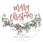 Script merry christmas branch with berries gift ta