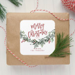 Script merry christmas branch with berries gift ta square sticker<br><div class="desc">A festive,  red,  green and white merry Christmas gift sticker,  favour sticker or envelope enclosure featuring bold script and watercolor greenery with leaves and berries.</div>