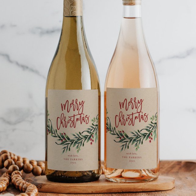 Script Merry Christmas Branch with Berries Wine Label (Elegant Script Greenery Leaves Merry Christmas Holiday Wine Labels.)