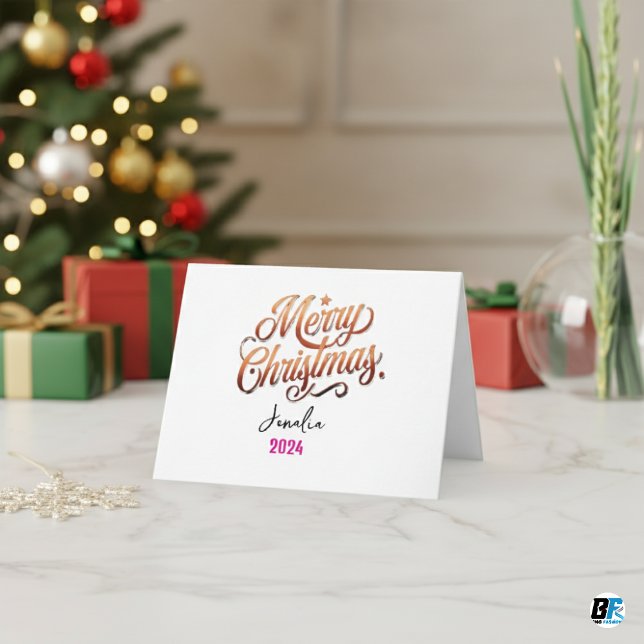 Script Merry Christmas Golden With Name and Year Holiday Card (Creator Uploaded)