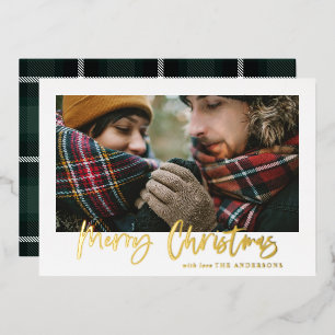 script merry christmas green tartan photo foil holiday card