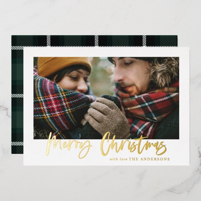script merry christmas green tartan photo foil holiday card (Front/Back)