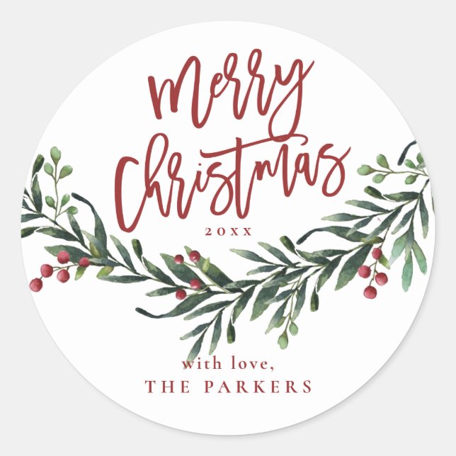 Script Merry Christmas Greenery  Classic Round Sticker (Front)