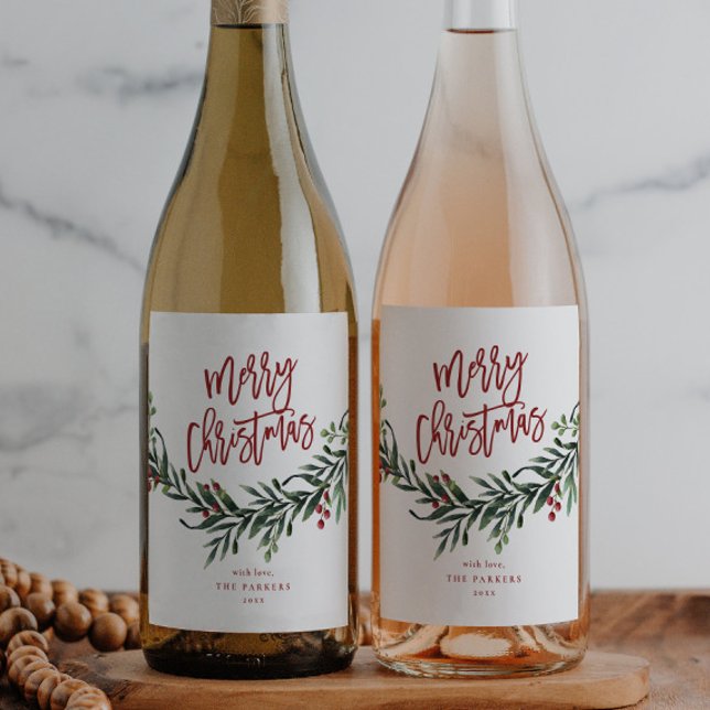 Script Merry Christmas Greenery Holiday Party Wine Label (Elegant Watercolor Greenery Script Merry Christmas Holiday Wine Labels.)