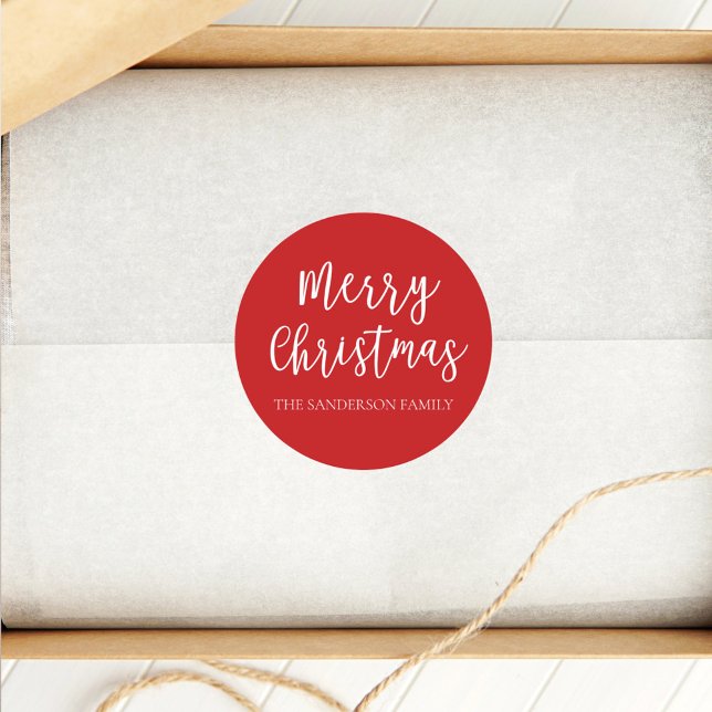 Script Merry Christmas Holiday Family Name  Classic Round Sticker (Creator Uploaded)