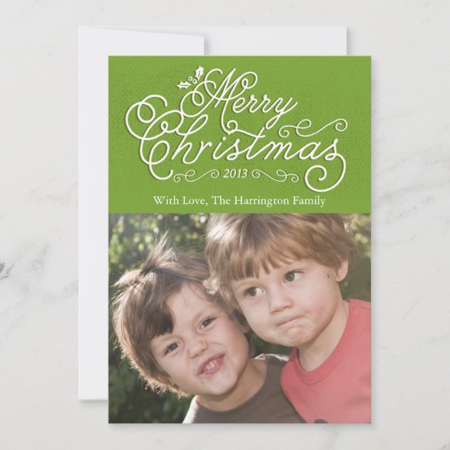 Script Merry Christmas Holiday Photo Card Green (Front)
