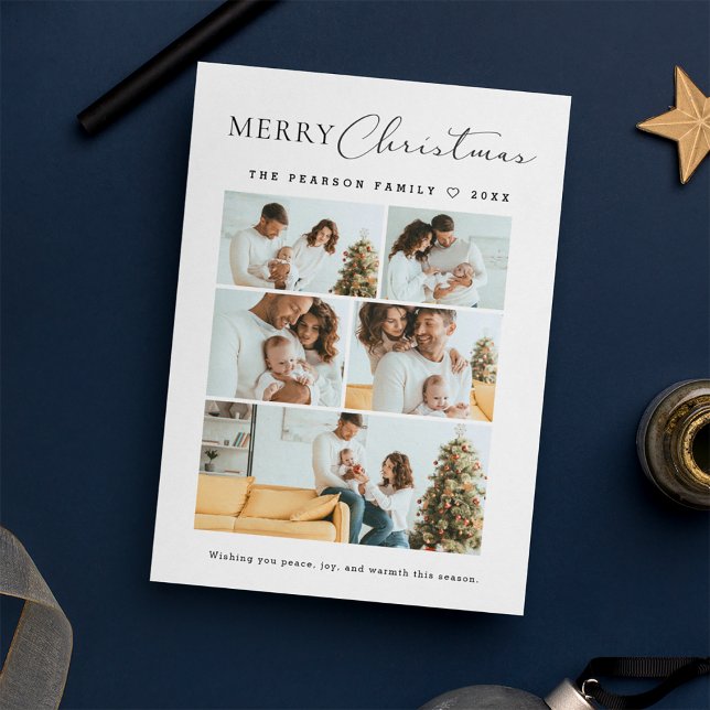 Script Merry Christmas Multi Photo Grid Modern Holiday Card (Merry Christmas, minimalist, modern typography script, photo collage family holiday card.)