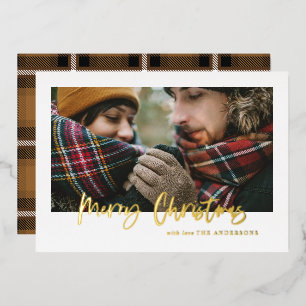  script merry christmas mustard tartan photo  foil holiday card