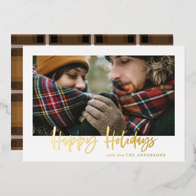  script merry christmas mustard tartan photo  foil holiday card (Front/Back)