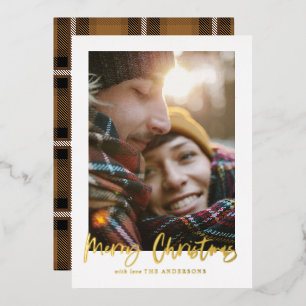  script merry christmas mustard tartan photo  foil holiday card