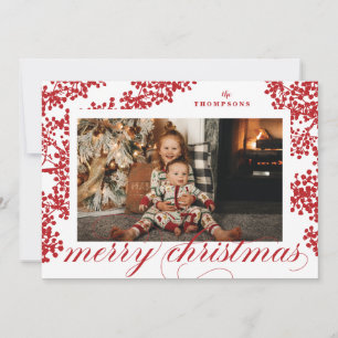 Script Merry Christmas Red Berries Photo Card