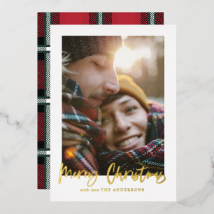  script merry christmas red tartan photo  foil holiday card