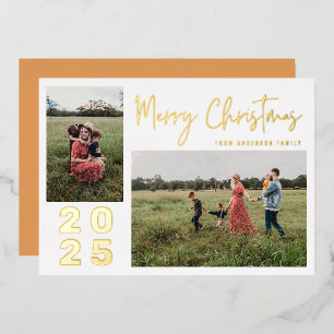 Script Merry Christmas Two Family Photo Gold Foil Holiday Card