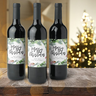 Script Merry Christmas Watercolor Greenery Wine Label
