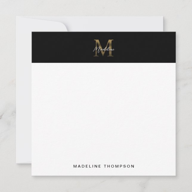 Script Metallic Black Gold Monogram Square Card (Front)