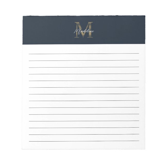 Script Metallic Navy Blue Gold Monogram Lined Notepad (Front)