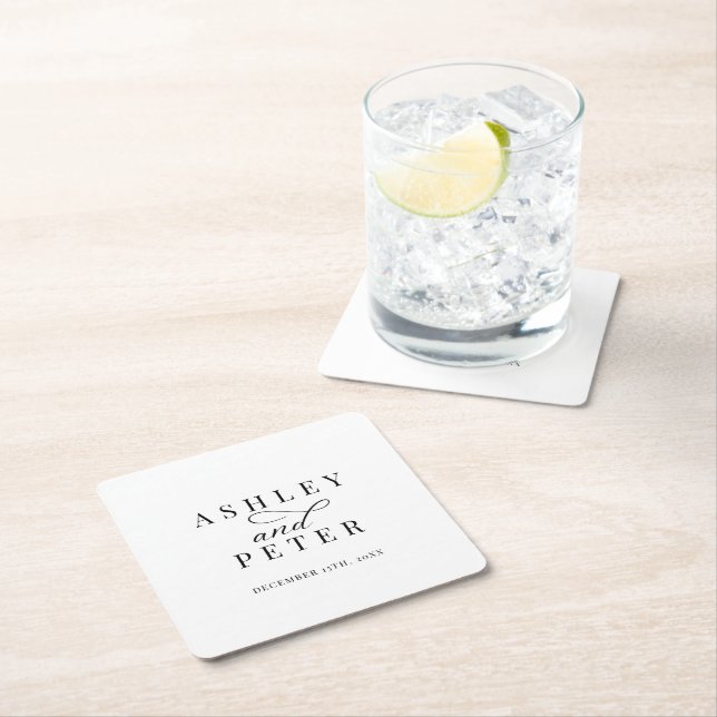 Script Minimalist Classic Wedding Dinner Square Paper Coaster (Insitu)