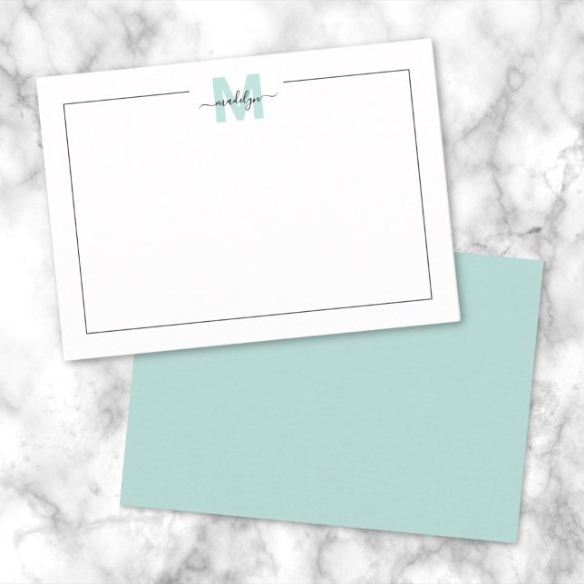 Script Minimalist Teal Blue Monogram Card (Script Minimalist Teal Blue Name Monogram Note Card)