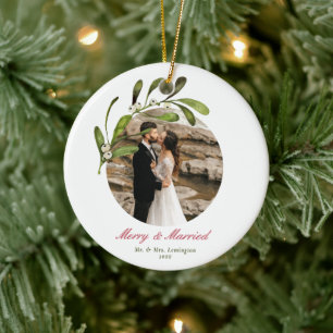 Script & Mistletoe Merry & Married Photo Ceramic Tree Decoration