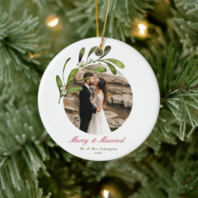 Script & Mistletoe Merry & Married Photo Ceramic Tree Decoration (Tree)
