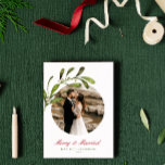 Script & Mistletoe Merry & Married Photo Holiday Card<br><div class="desc">A beautiful holiday card celebrating your first Christmas as a married couple. The design featured your favourite photo in a circle aperture adorned with a watercolor branch of mistletoe. Personalise the red cursive script font headline and sign off in dark green. On the reverse is a pattern of watercolor mistletoe...</div>