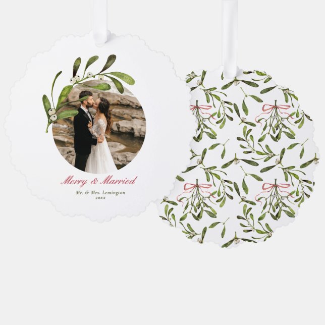 Script & Mistletoe Merry & Married Photo Tree Decoration Card (Front/Back)