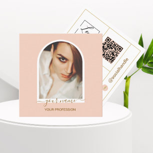Script Modern arch pink photo qr code logo Square Business Card