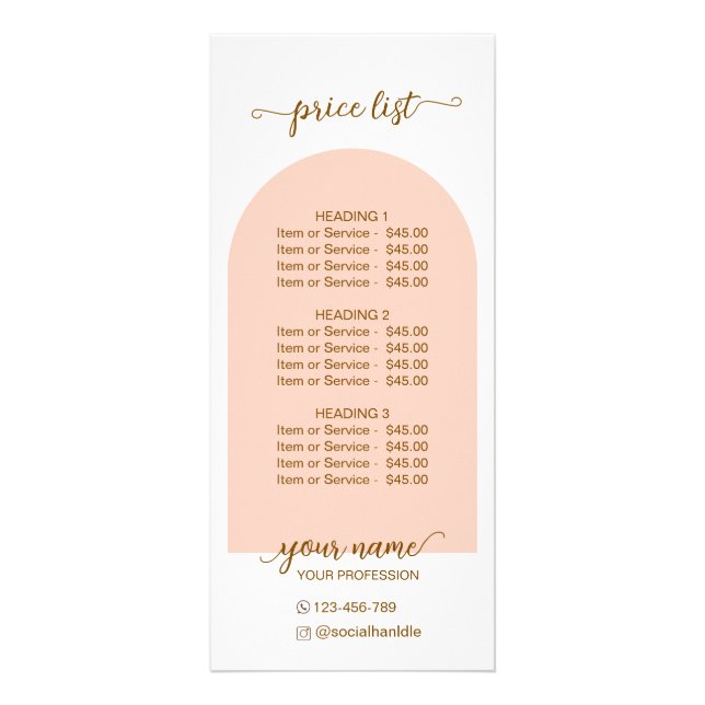 Script Modern arch pink  qr code logo price list Rack Card (Front)