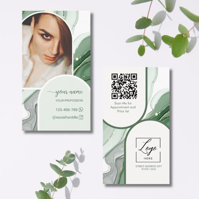 Script Modern arch sage green photo qr code logo Business Card (Creator Uploaded)
