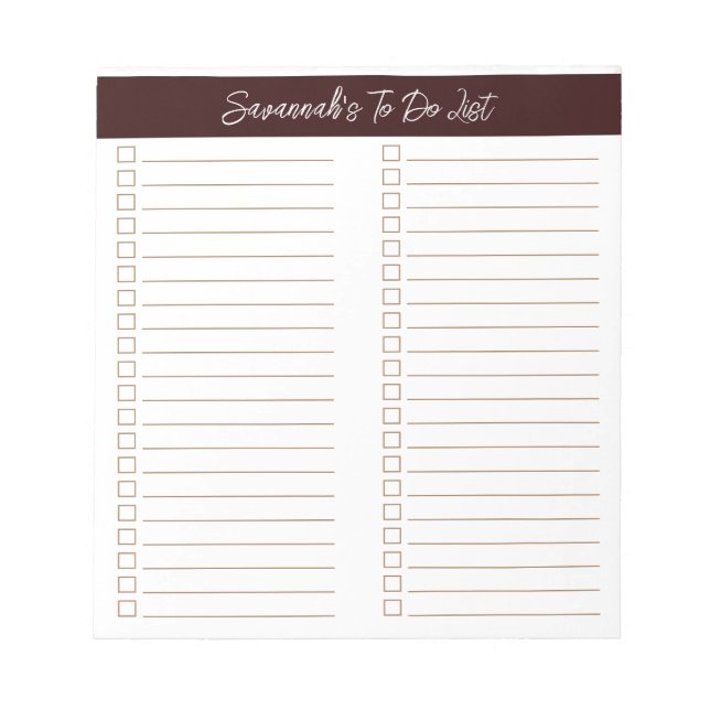Script Modern Chocolate Brown Two Column Checklist Notepad (Front)